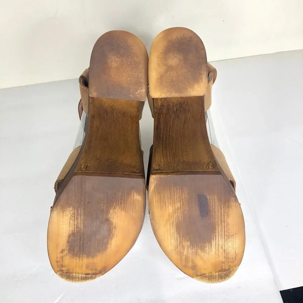 Anthropologie Musse & Cloud Sandal Platform Wood Heel Tan Leather Cross Strap 39